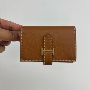 Hermes Camel Tan Pebbled Leather Wallet with Gold Stamp